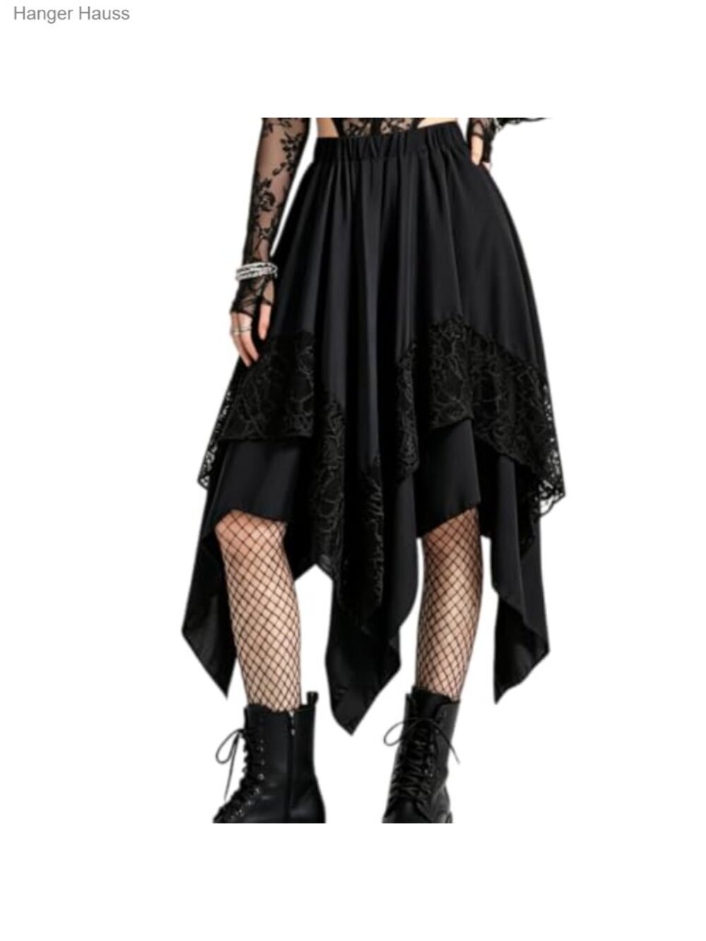Gothic Lace Asymmetric Midi Skirt Elastic High Waist Layered Flowy Punk